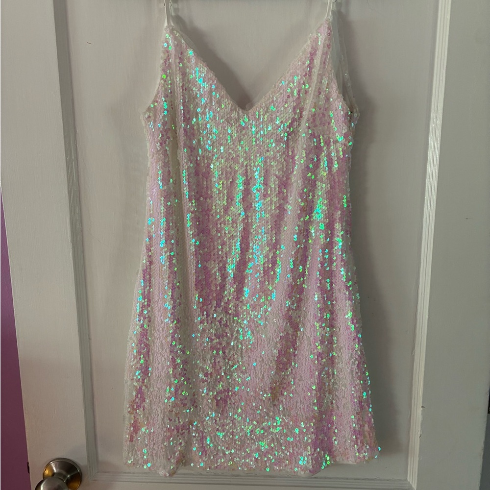 Lulu’s Pink Iridescent Sequin Mini Dress | Birthday Bachelorette Party View 2